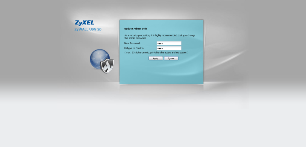Предложение изменить пароль администратора ZyXEL ZyWALL USG 20.